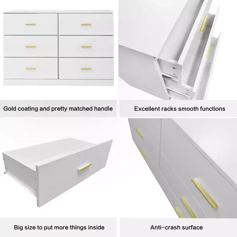 Commode de chambre minimaliste avec 6 tiroirs, poignées dorées, grand espace de rangement pour salon, couloir, chambre d'enfants