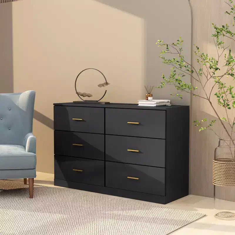 Commode de chambre minimaliste avec 6 tiroirs, poignées dorées, grand espace de rangement pour salon, couloir, chambre d'enfants