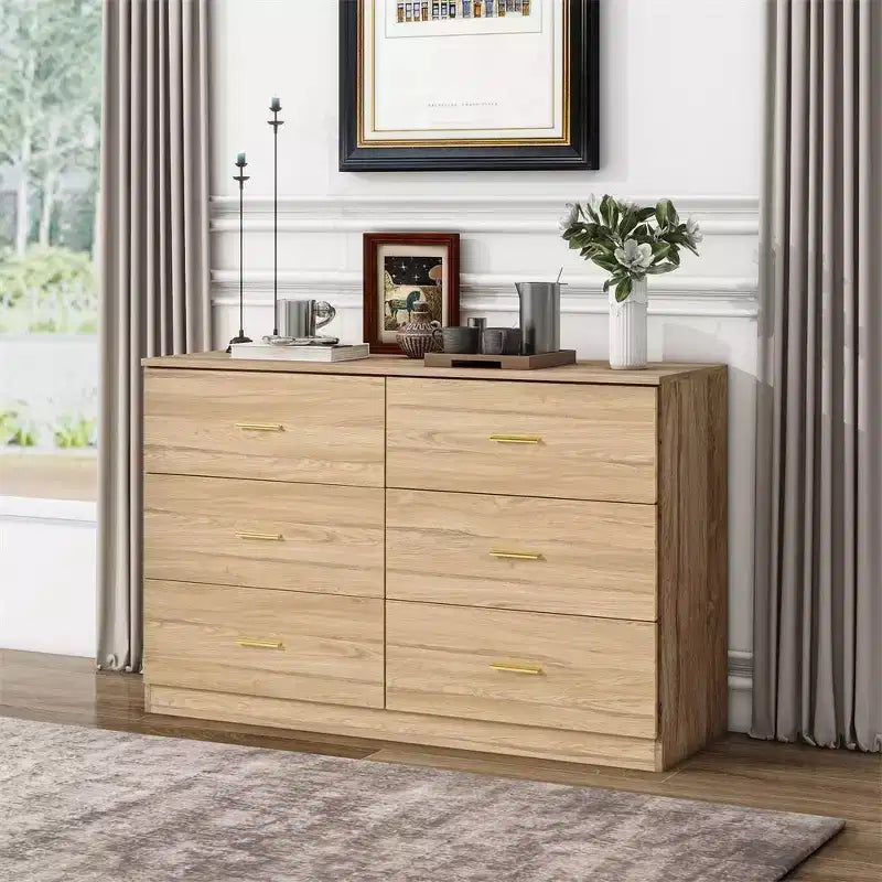 Commode de chambre minimaliste avec 6 tiroirs, poignées dorées, grand espace de rangement pour salon, couloir, chambre d'enfants