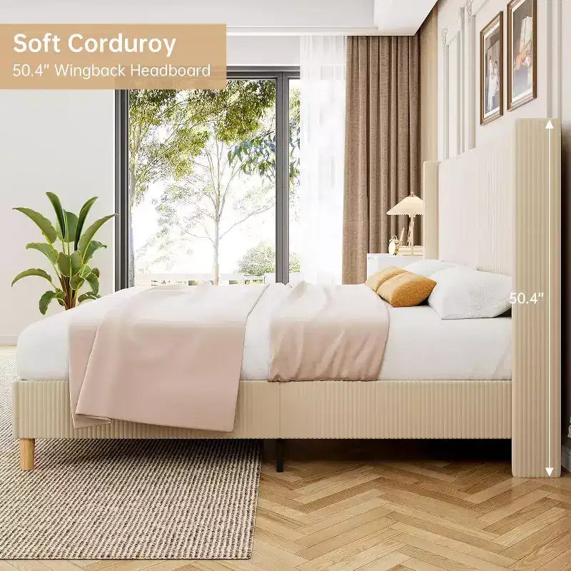 Lit plateforme double en velours côtelé beige avec tête de lit capitonnée à oreilles, aucun sommier tapissier requis