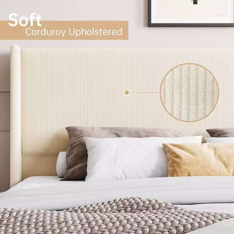 Lit plateforme double en velours côtelé beige avec tête de lit capitonnée à oreilles, aucun sommier tapissier requis