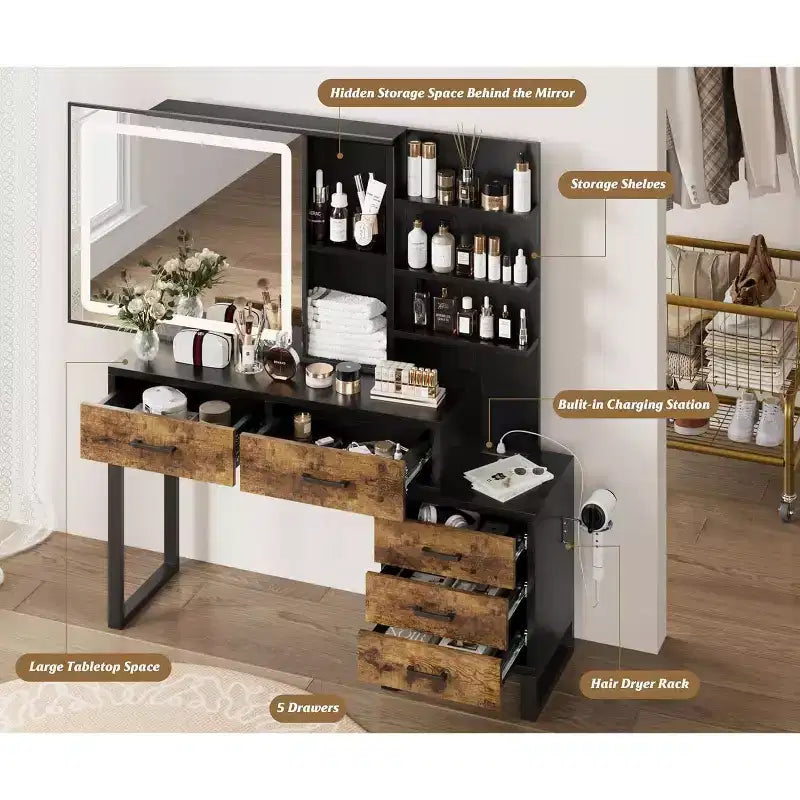 Coiffeuse avec miroir et lumières, Coiffeuse de maquillage avec miroir coulissant éclairé, 3 modes d'éclairage, 5 grands tiroirs et 3 niveaux, pour chambre à coucher, Noir