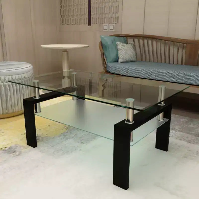 Table basse moderne en verre avec espace de rangement à double couche et pieds en tube métallique pour salon ou bureau