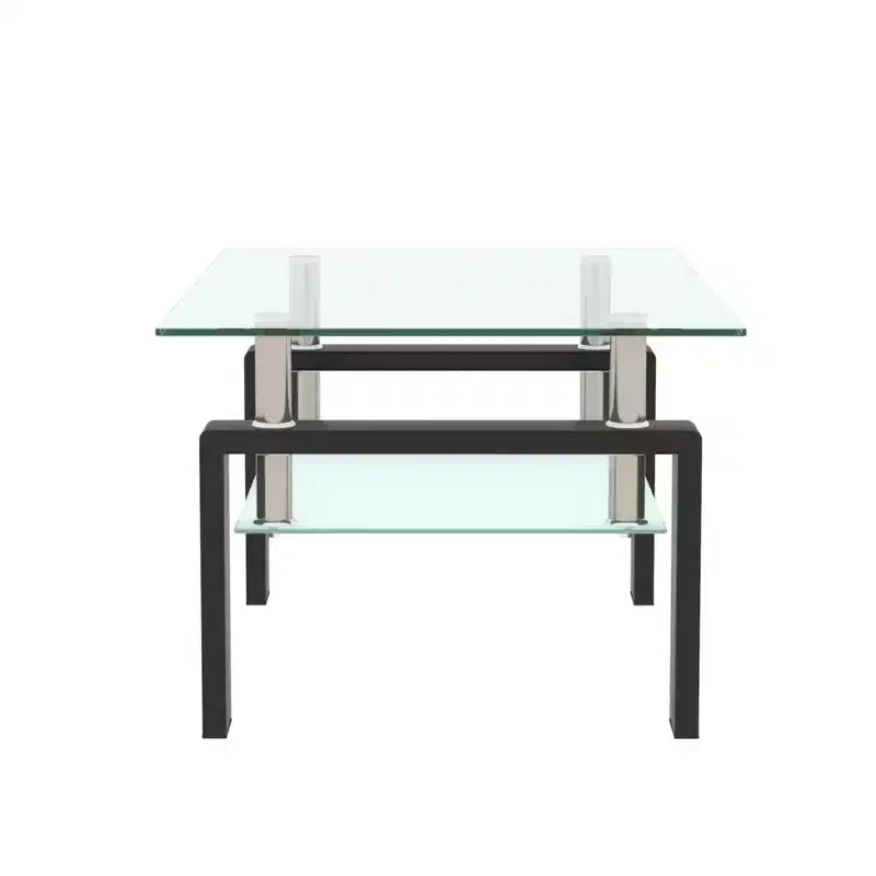 Table basse moderne en verre avec espace de rangement à double couche et pieds en tube métallique pour salon ou bureau