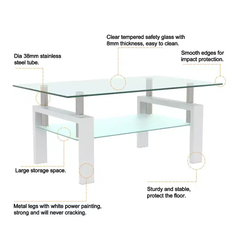 Table basse moderne en verre avec espace de rangement à double couche et pieds en tube métallique pour salon ou bureau
