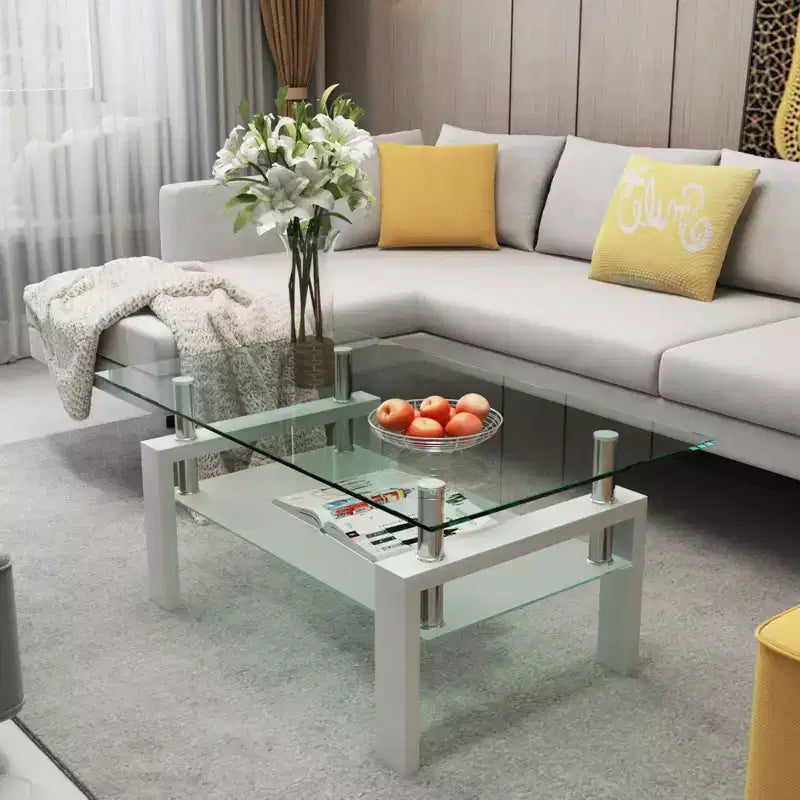Table basse moderne en verre avec espace de rangement à double couche et pieds en tube métallique pour salon ou bureau