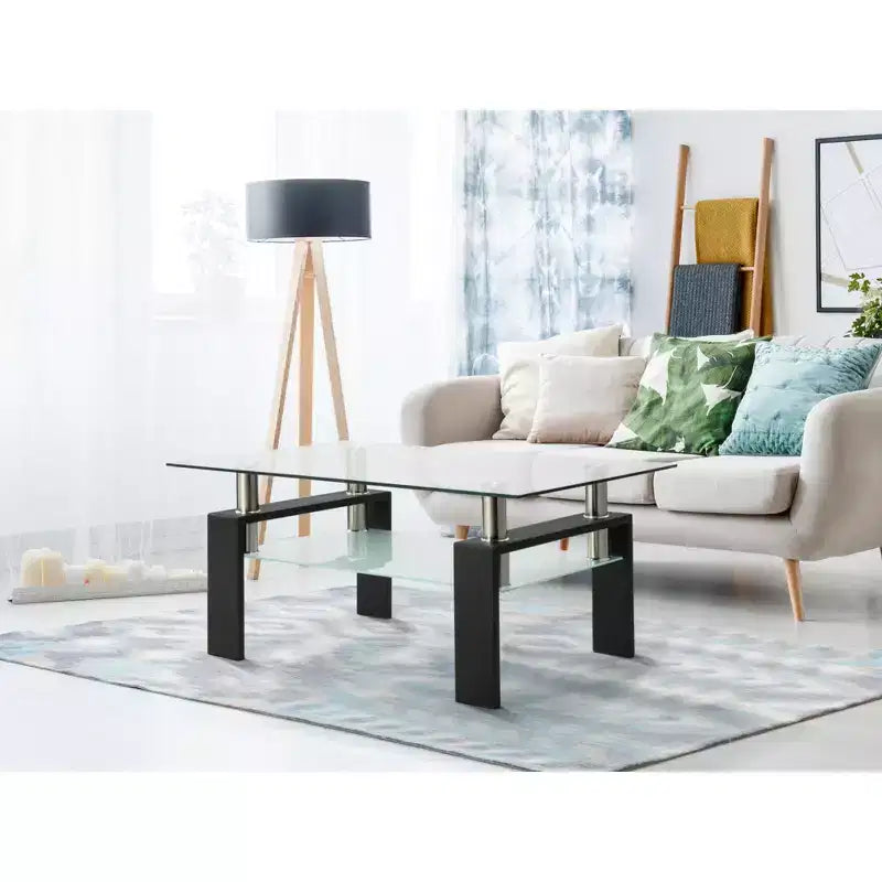 Table basse moderne en verre avec espace de rangement à double couche et pieds en tube métallique pour salon ou bureau