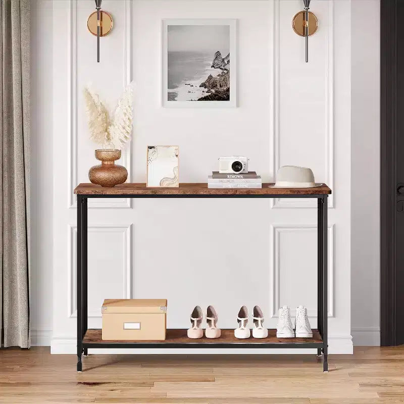 Console étroite industrielle avec étagère de rangement, entrée, salon, bureau
