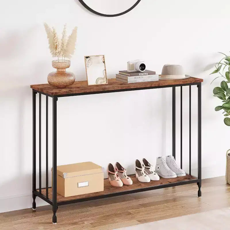 Console étroite industrielle avec étagère de rangement, entrée, salon, bureau