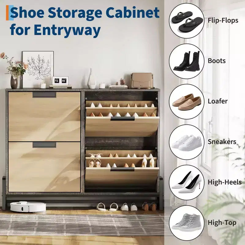 Meuble à chaussures étroit pour entrée avec 4 tiroirs basculants et 3 étagères réglables