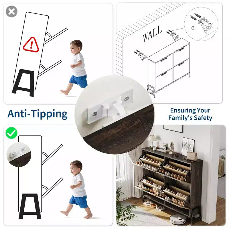 Meuble à chaussures étroit pour entrée avec 4 tiroirs basculants et 3 étagères réglables