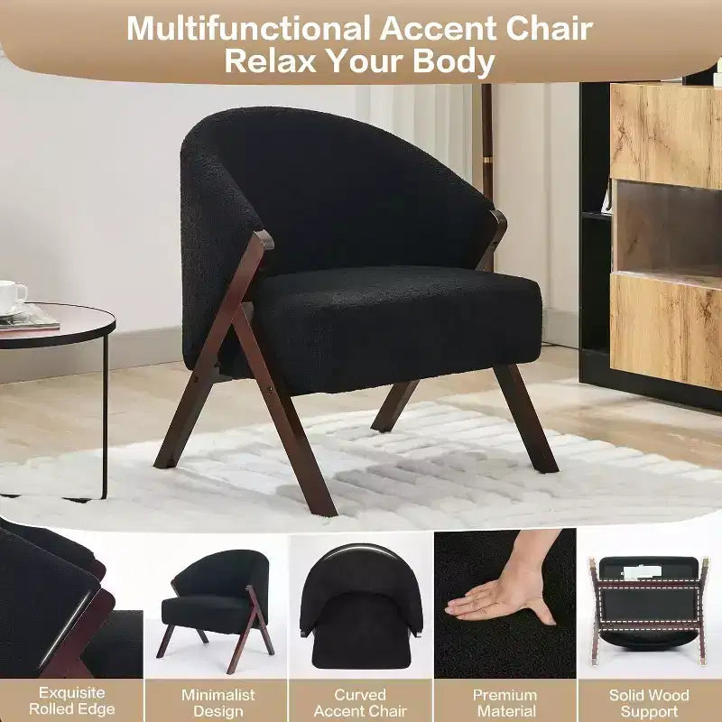 Fauteuil d'appoint Mid-Century, velours Teddy, lin, cuir PU avec cadre en bois 1 pièce