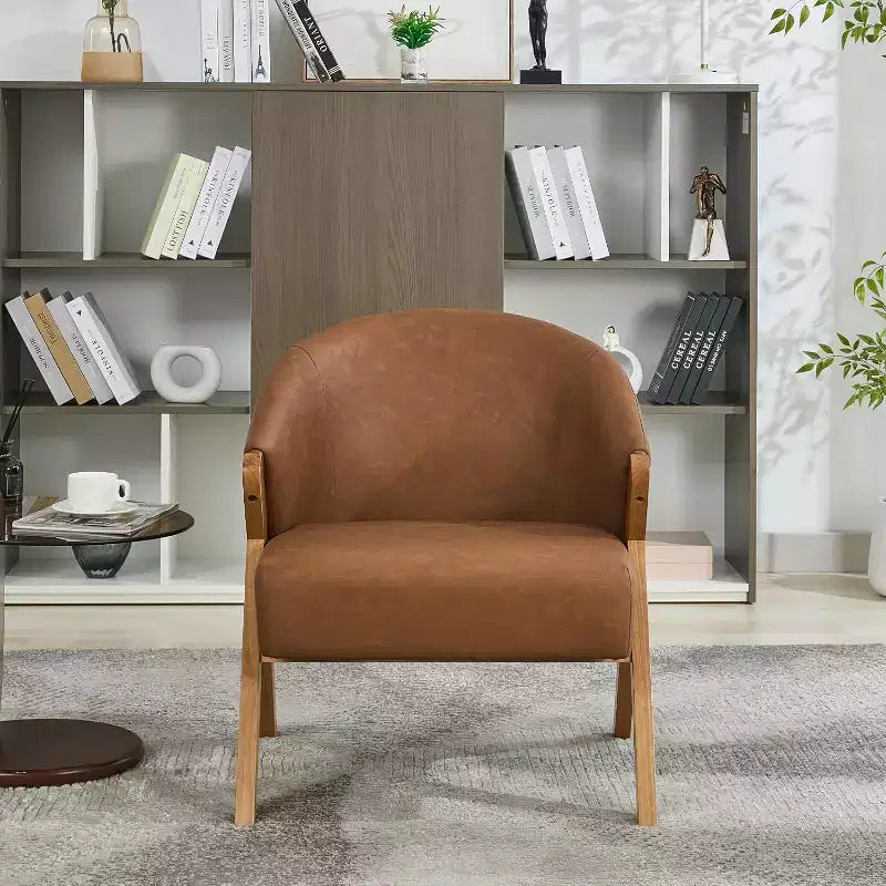 Fauteuil d'appoint Mid-Century, velours Teddy, lin, cuir PU avec cadre en bois 1 pièce