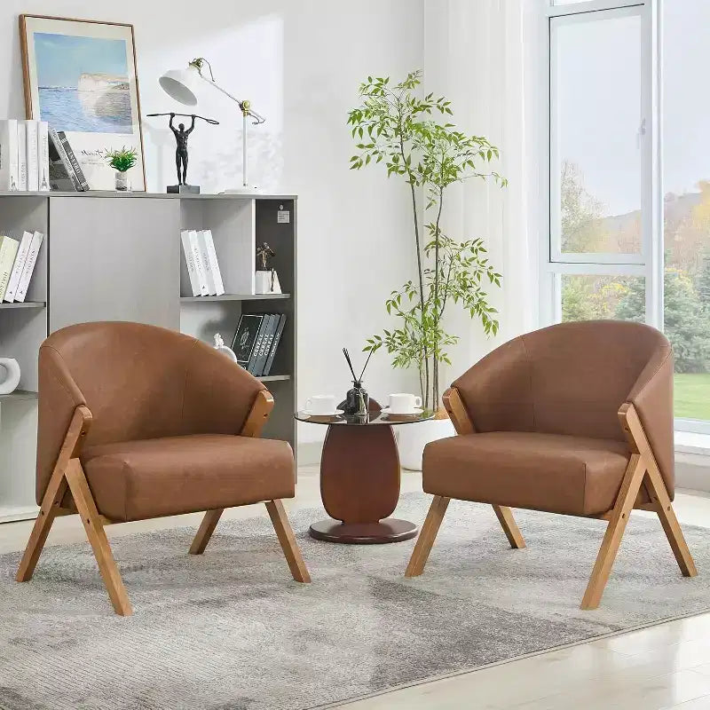 Fauteuil d'appoint Mid-Century, velours Teddy, lin, cuir PU avec cadre en bois 1 pièce