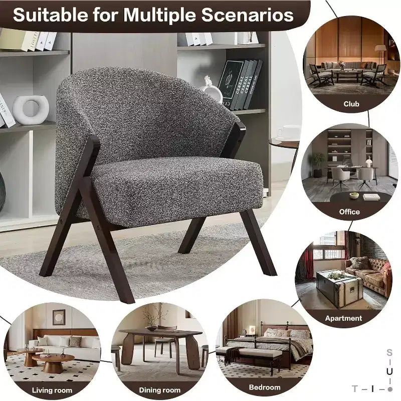 Fauteuil d'appoint Mid-Century, velours Teddy, lin, cuir PU avec cadre en bois 1 pièce