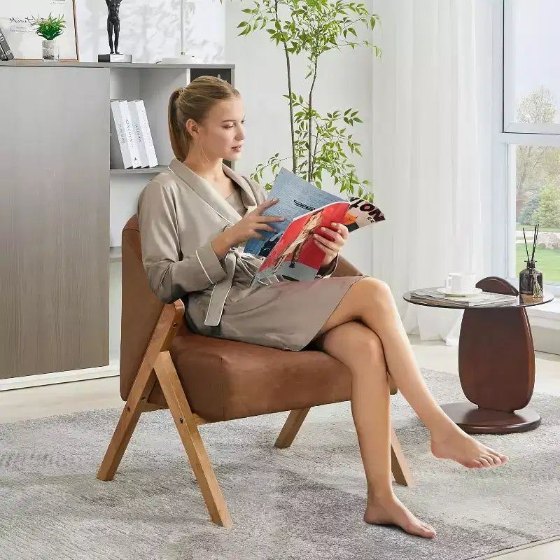 Fauteuil d'appoint Mid-Century, velours Teddy, lin, cuir PU avec cadre en bois 1 pièce