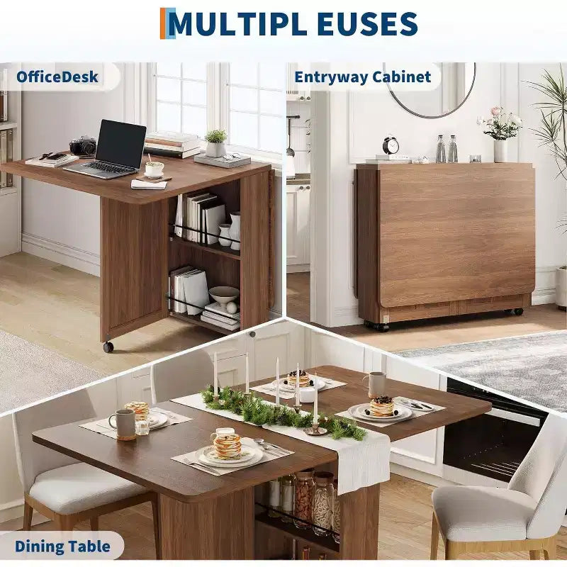 Table à manger pliante peu encombrante avec rangement - Table de cuisine à 6 roulettes (dont 4 verrouillables) + tiroir et étagères, compacte pour les petits espaces