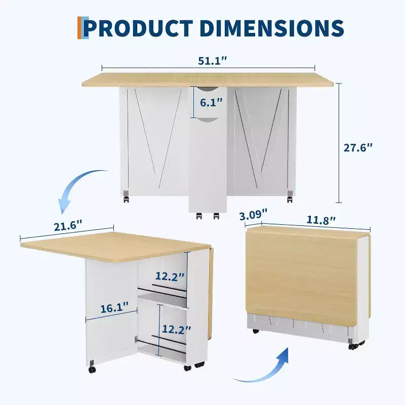 Table à manger pliante peu encombrante avec rangement - Table de cuisine à 6 roulettes (dont 4 verrouillables) + tiroir et étagères, compacte pour les petits espaces