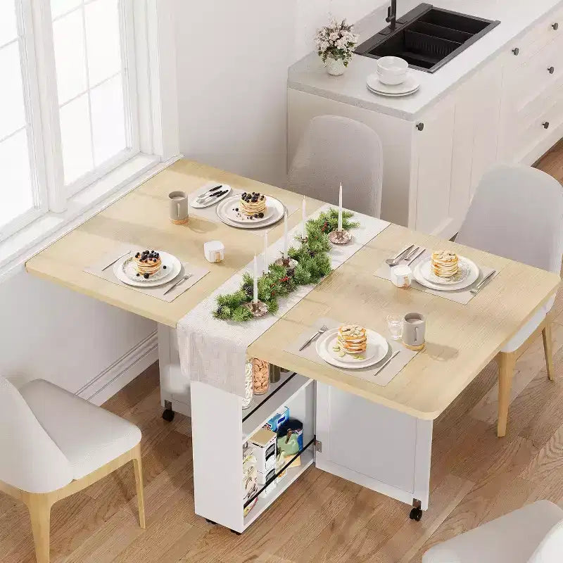 Table à manger pliante peu encombrante avec rangement - Table de cuisine à 6 roulettes (dont 4 verrouillables) + tiroir et étagères, compacte pour les petits espaces