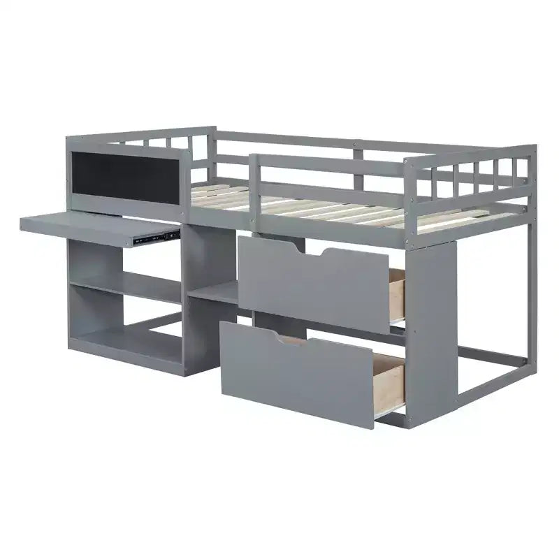 Lit mezzanine bas avec bureau roulant et étagères de rangement, lits superposés en bois de taille double avec 2 tiroirs et tableau noir pour enfants