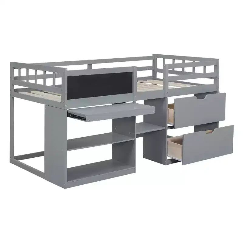 Lit mezzanine bas avec bureau roulant et étagères de rangement, lits superposés en bois de taille double avec 2 tiroirs et tableau noir pour enfants