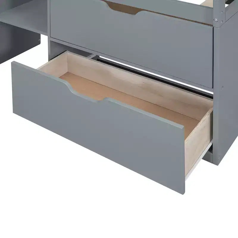 Lit mezzanine bas avec bureau roulant et étagères de rangement, lits superposés en bois de taille double avec 2 tiroirs et tableau noir pour enfants