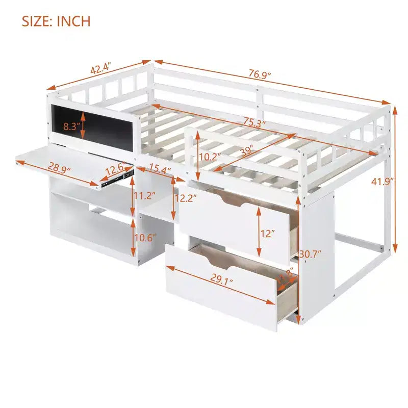 Lit mezzanine bas avec bureau roulant et étagères de rangement, lits superposés en bois de taille double avec 2 tiroirs et tableau noir pour enfants