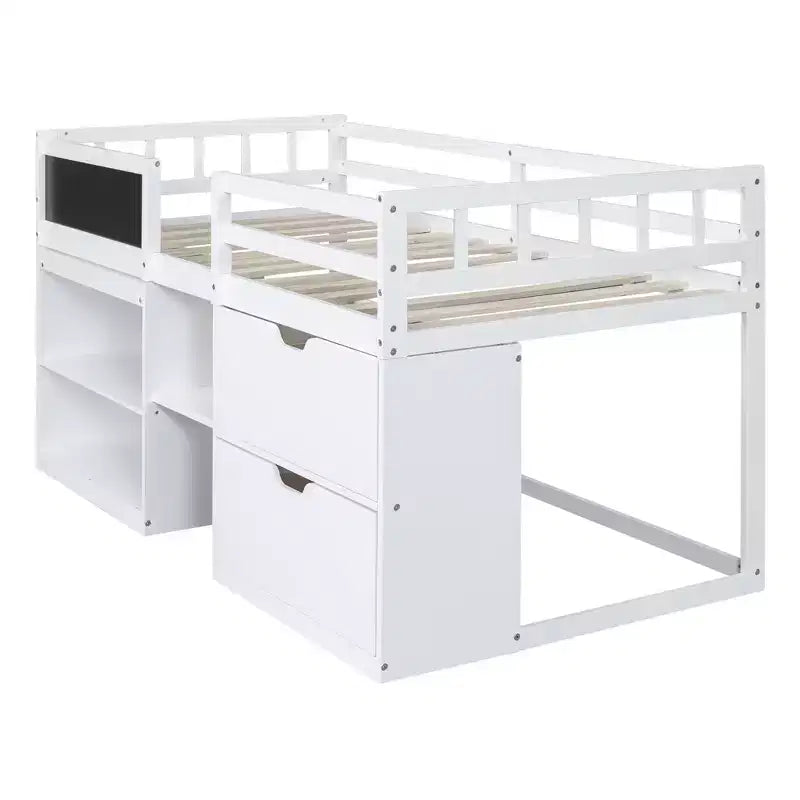 Lit mezzanine bas avec bureau roulant et étagères de rangement, lits superposés en bois de taille double avec 2 tiroirs et tableau noir pour enfants