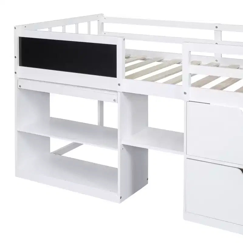 Lit mezzanine bas avec bureau roulant et étagères de rangement, lits superposés en bois de taille double avec 2 tiroirs et tableau noir pour enfants