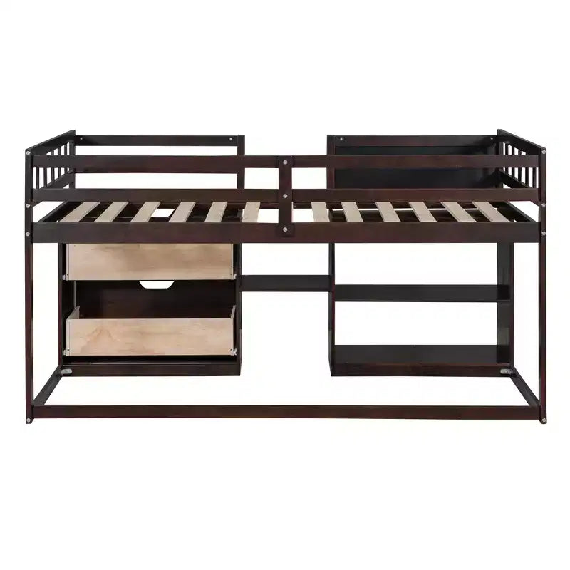 Lit mezzanine bas avec bureau roulant et étagères de rangement, lits superposés en bois de taille double avec 2 tiroirs et tableau noir pour enfants