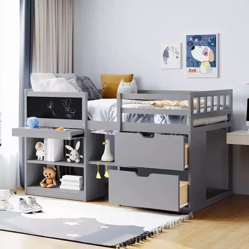 Lit mezzanine bas avec bureau roulant et étagères de rangement, lits superposés en bois de taille double avec 2 tiroirs et tableau noir pour enfants