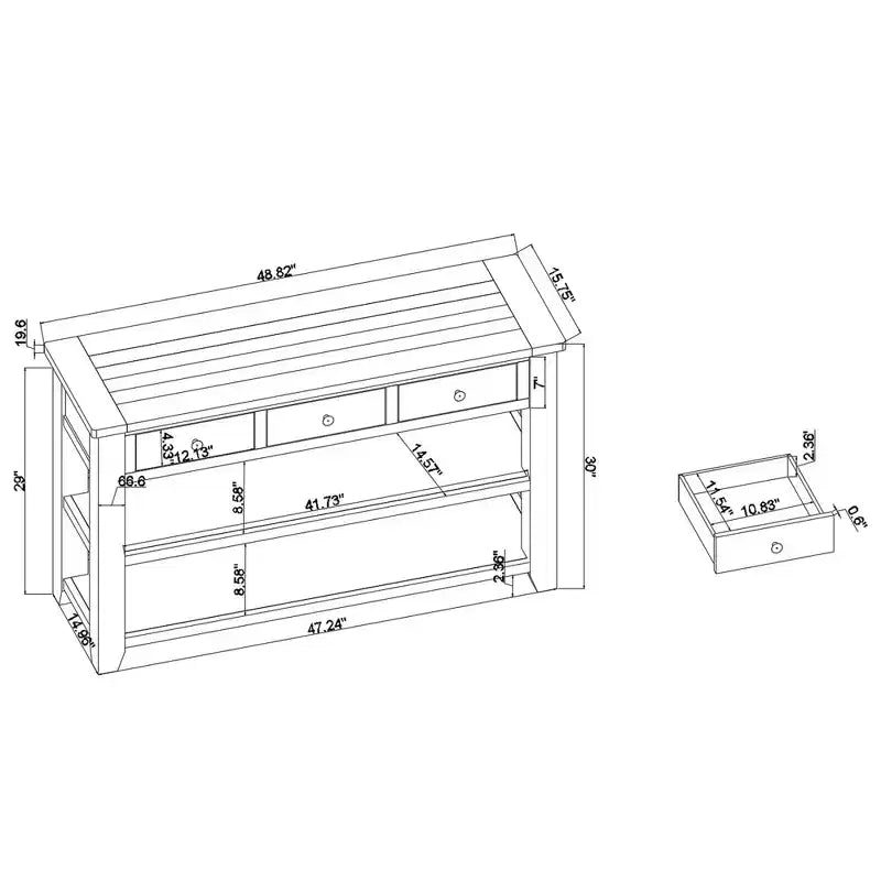 Console moderne en bois massif avec 3 tiroirs et 2 étagères, marron