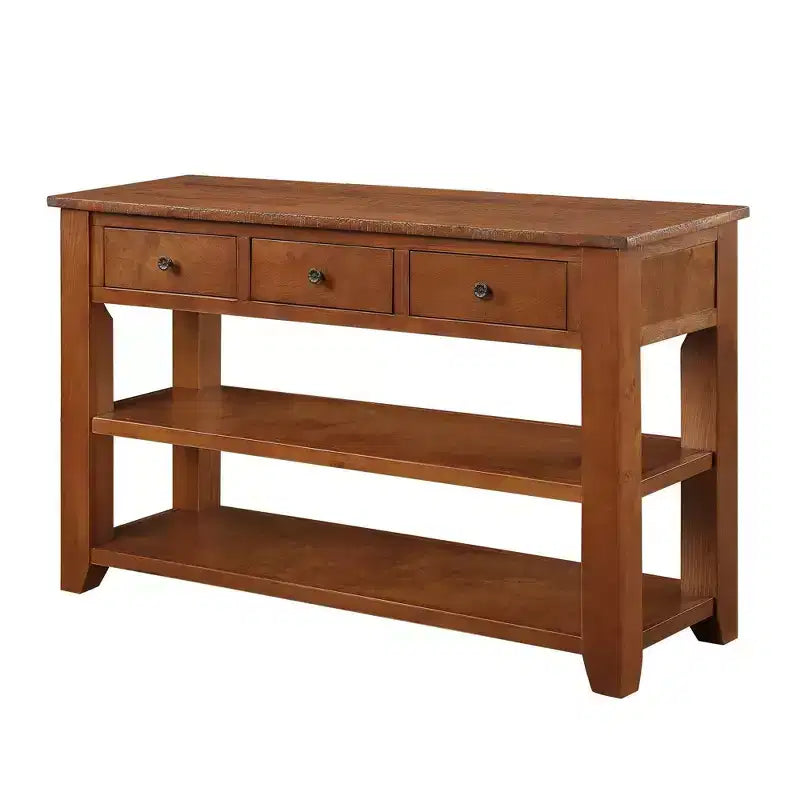 Console moderne en bois massif avec 3 tiroirs et 2 étagères, marron