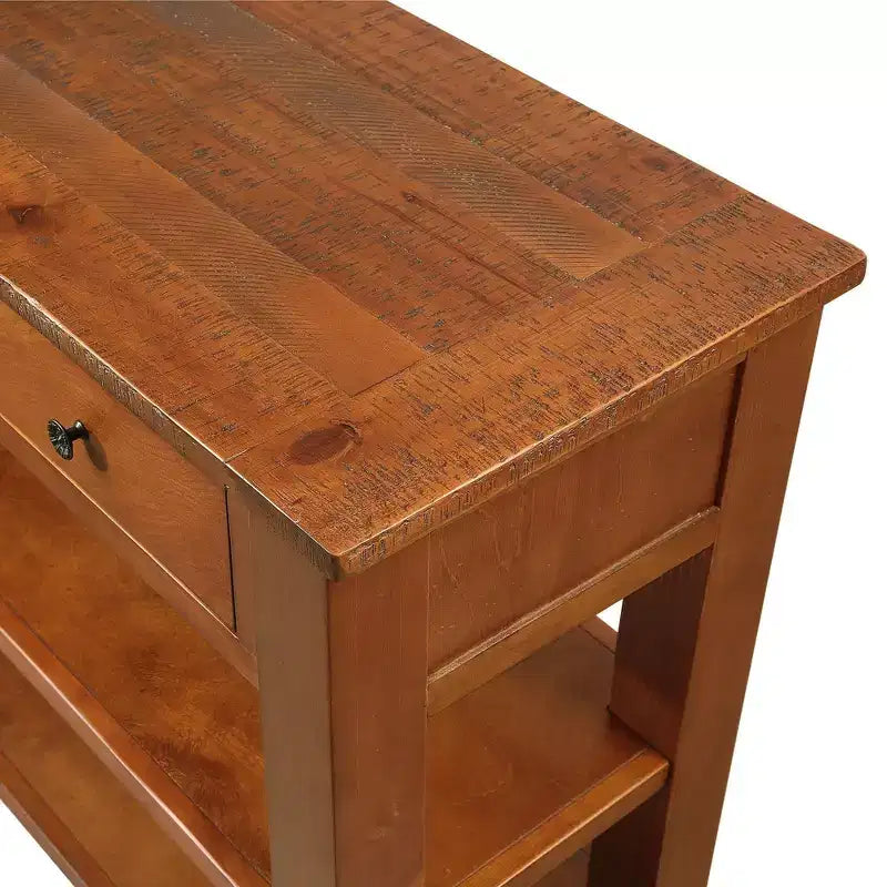 Console moderne en bois massif avec 3 tiroirs et 2 étagères, marron