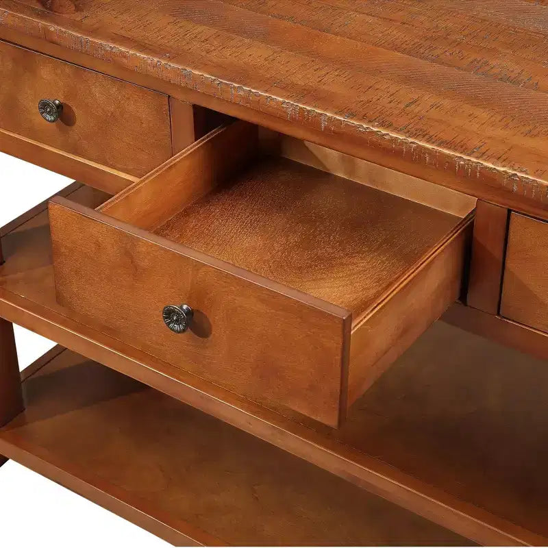 Console moderne en bois massif avec 3 tiroirs et 2 étagères, marron