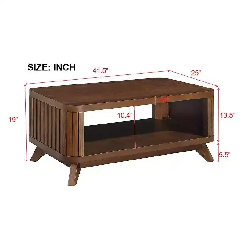 Table basse en bois avec pieds en bois massif et étagère de rangement ouverte, expresso