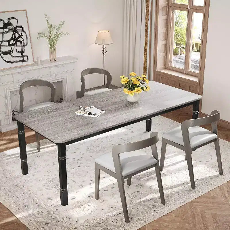 Table de salle à manger rectangulaire, 6-8 places, plateau en bois et pieds en métal style industriel moderne