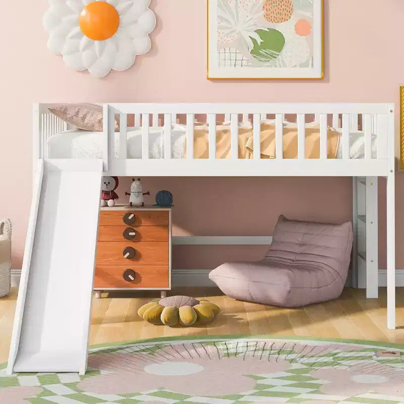Lit mezzanine bas avec toboggan, Cadre de lit mezzanine en bois pour enfants avec barrière de sécurité haute pour filles et garçons