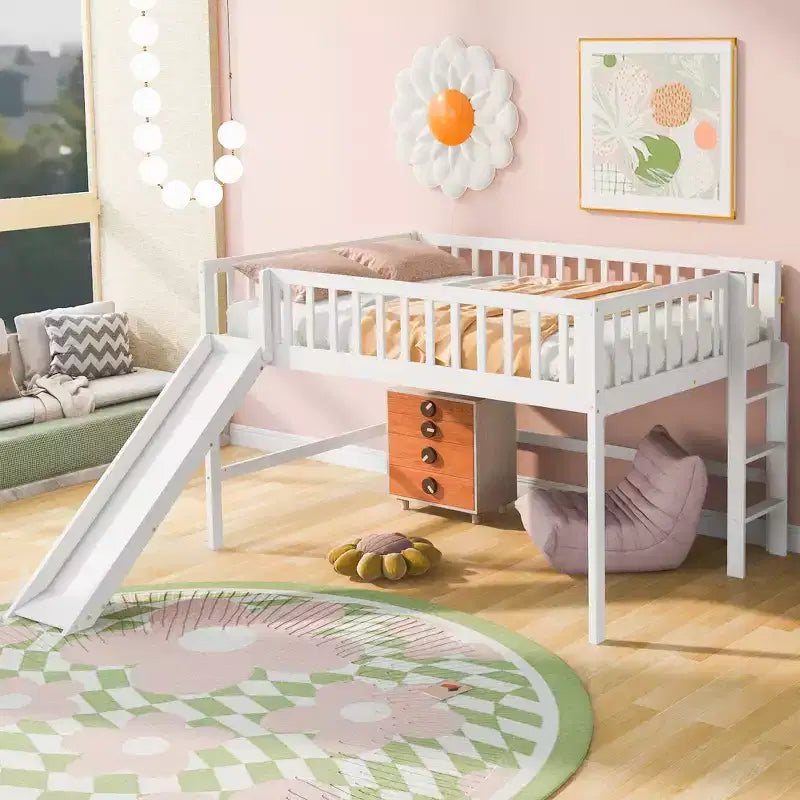 Lit mezzanine bas avec toboggan, Cadre de lit mezzanine en bois pour enfants avec barrière de sécurité haute pour filles et garçons