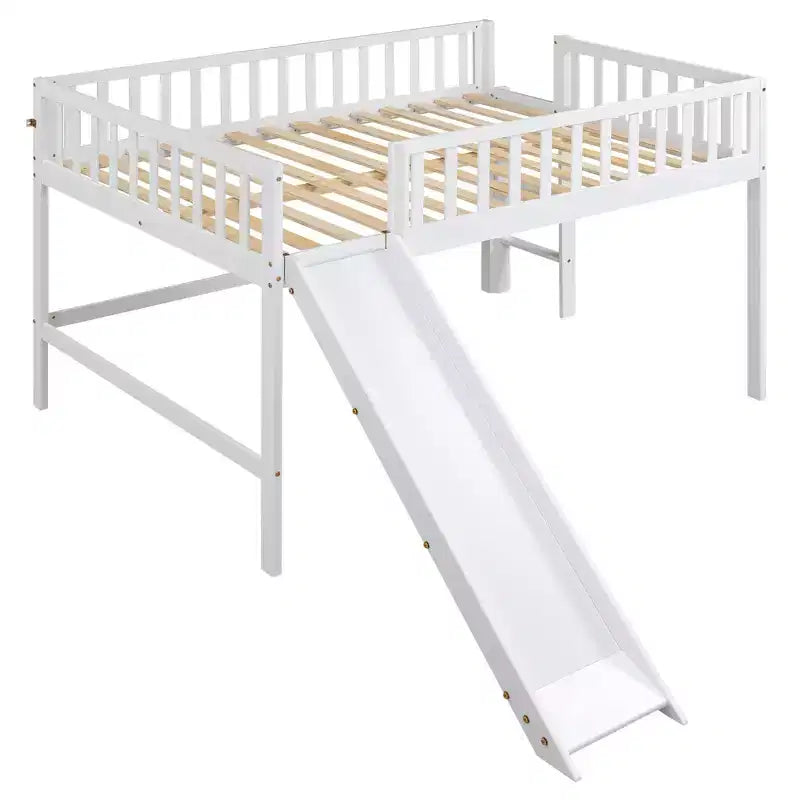 Lit mezzanine bas avec toboggan, Cadre de lit mezzanine en bois pour enfants avec barrière de sécurité haute pour filles et garçons