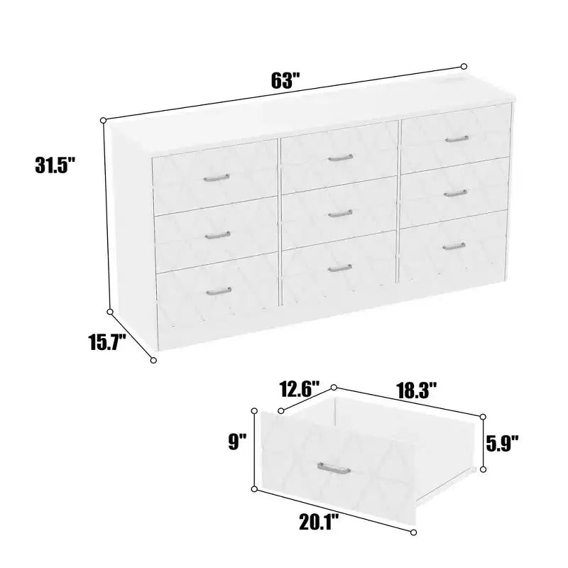 Commode à 9 tiroirs, Meuble de rangement moderne en bois, Commode support TV, Organisateur de tiroirs en bois avec prise de courant pour chambre à coucher, salon