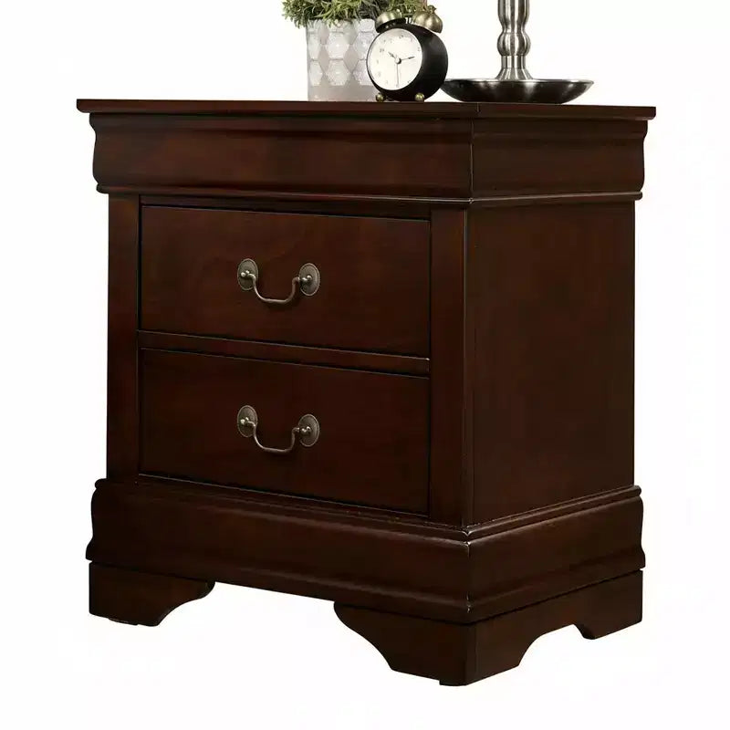 Table de chevet traditionnelle en bois expresso à 2 tiroirs avec poignées antiques