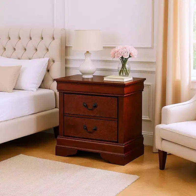 Table de chevet traditionnelle en bois expresso à 2 tiroirs avec poignées antiques