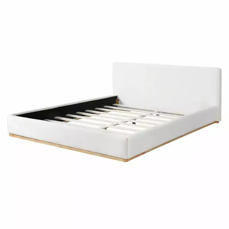 Cadre de lit élégant en velours capitonné, plateforme de lit Queen/King Size, blanc
