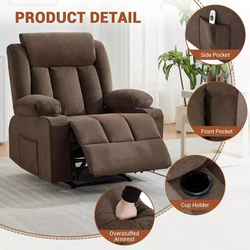 Fauteuil inclinable manuel surdimensionné avec massage vibrant, chauffage et poches latérales pour le salon