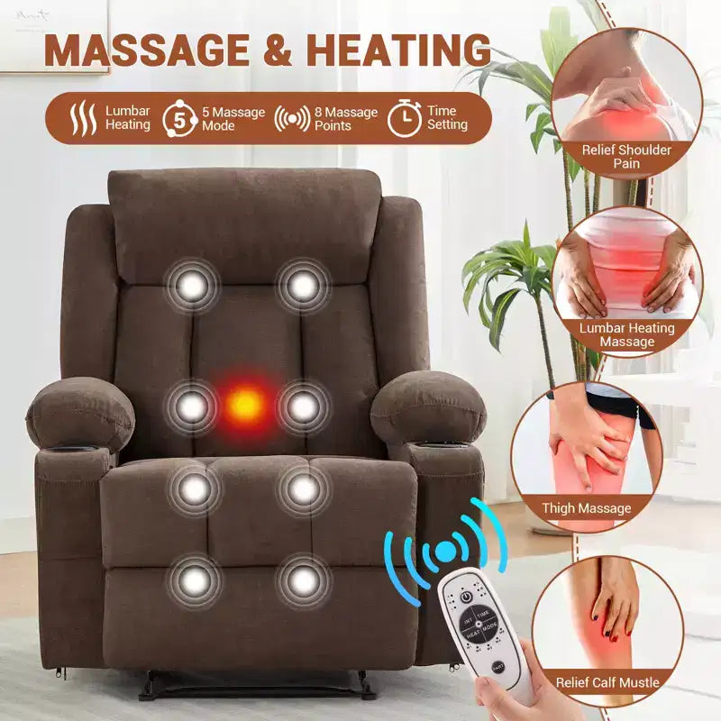Fauteuil inclinable manuel surdimensionné avec massage vibrant, chauffage et poches latérales pour le salon