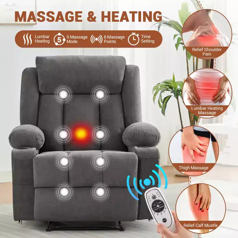 Fauteuil inclinable manuel surdimensionné avec massage vibrant, chauffage et poches latérales pour le salon