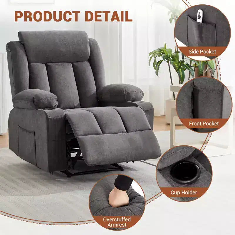 Fauteuil inclinable manuel surdimensionné avec massage vibrant, chauffage et poches latérales pour le salon