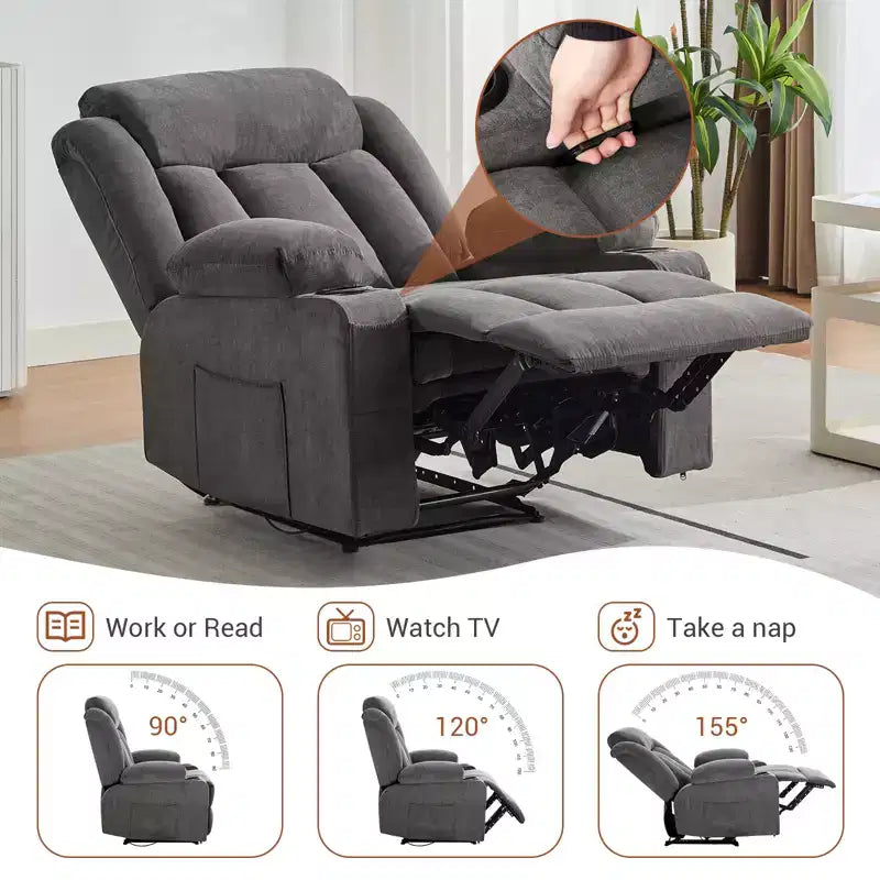 Fauteuil inclinable manuel surdimensionné avec massage vibrant, chauffage et poches latérales pour le salon