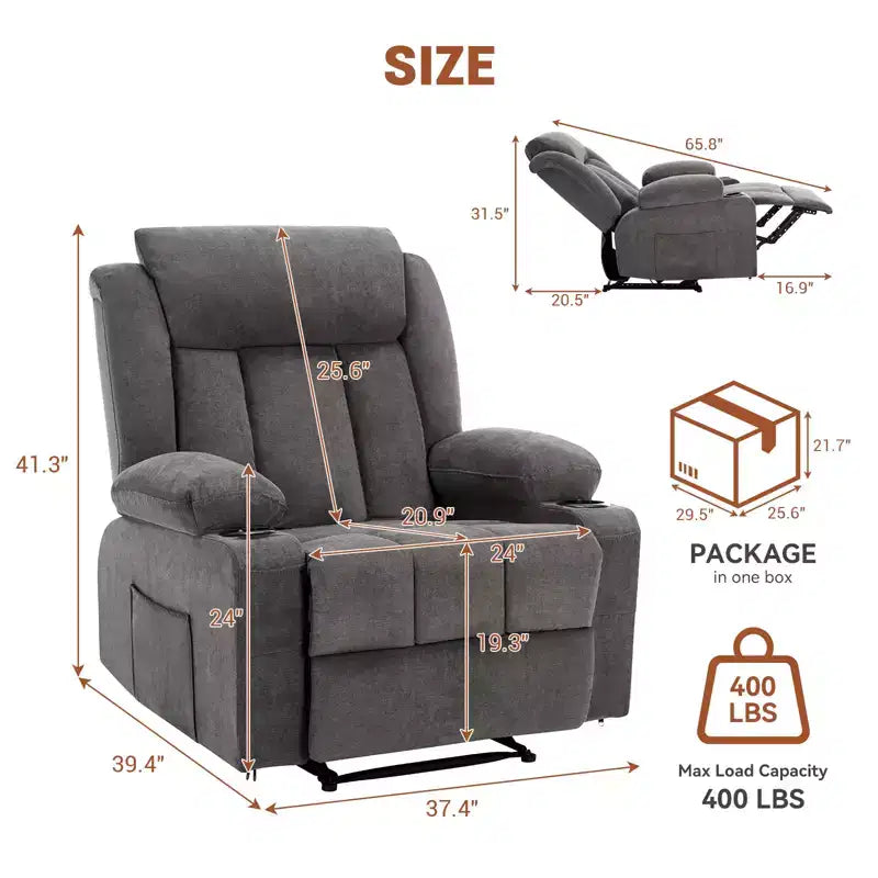 Fauteuil inclinable manuel surdimensionné avec massage vibrant, chauffage et poches latérales pour le salon
